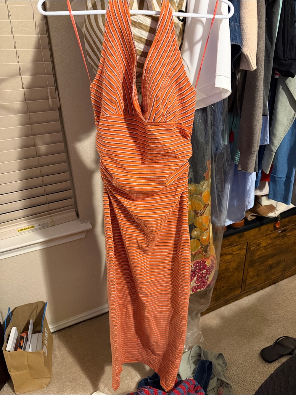 Pilcro Orange Striped Halter Ruched Midi Dress